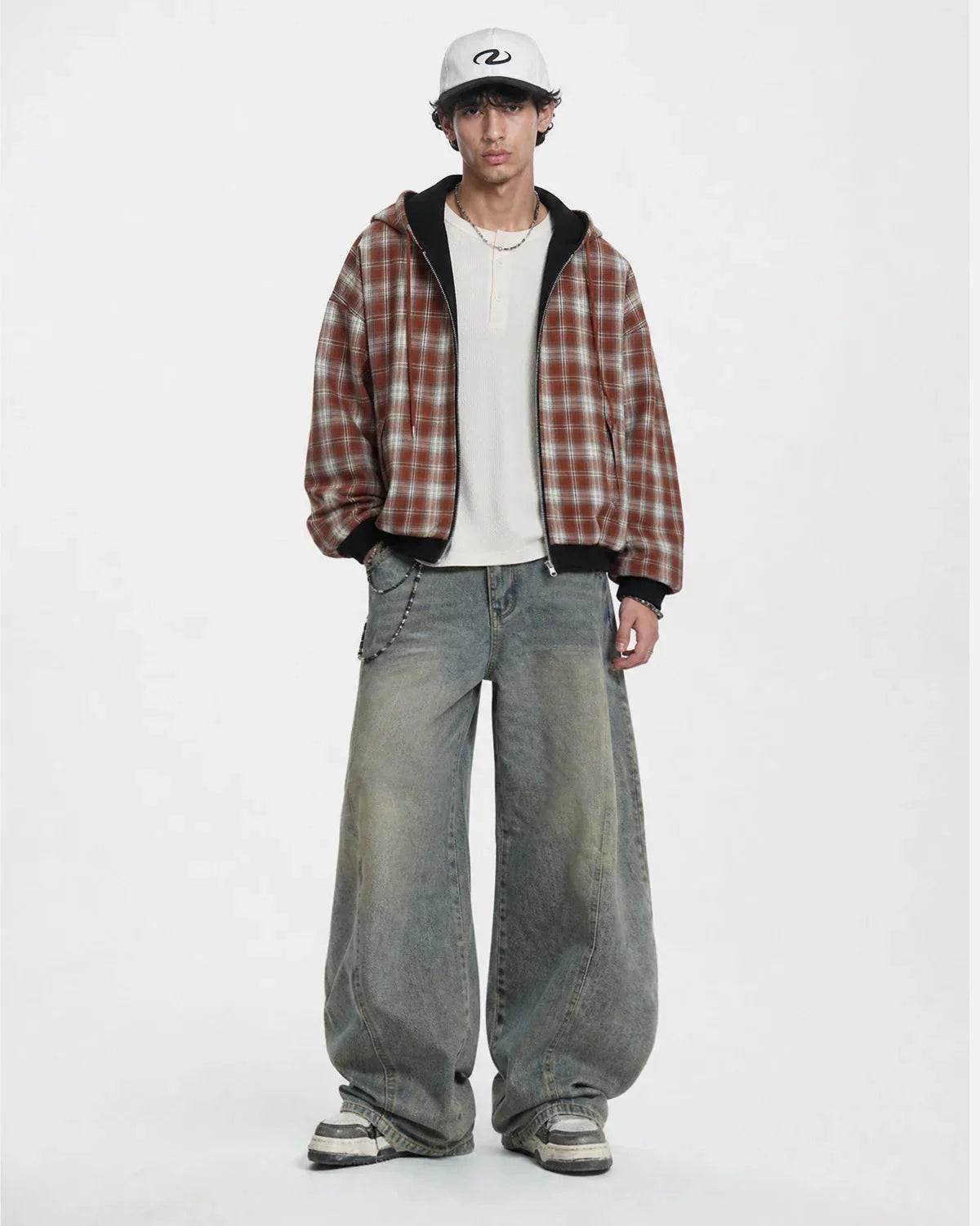 Omygoods Reversible Plaid Boxy Zip Up Hoodie