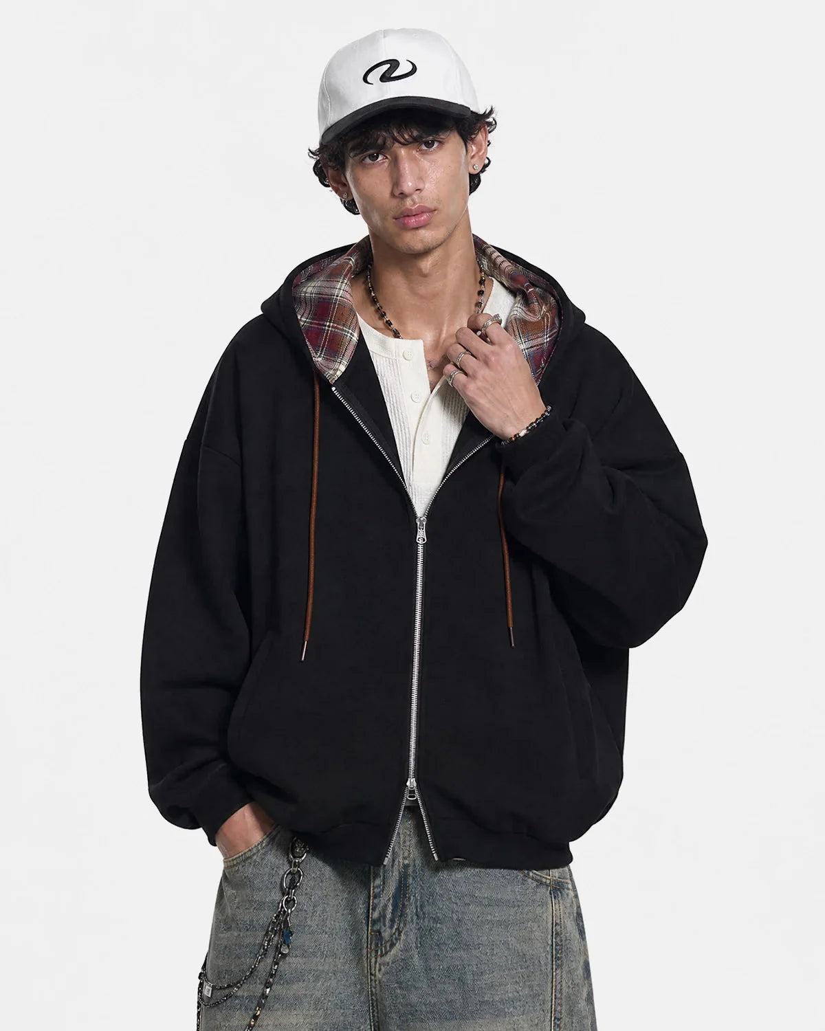 Omygoods Reversible Plaid Boxy Zip Up Hoodie