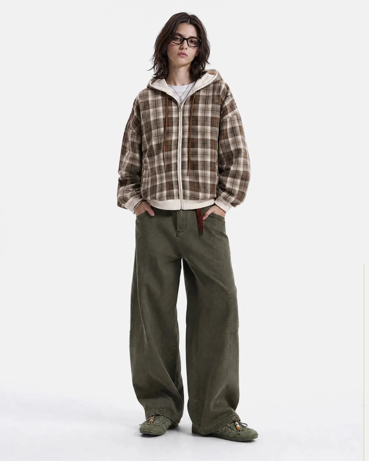 Omygoods Reversible Plaid Boxy Zip Up Hoodie