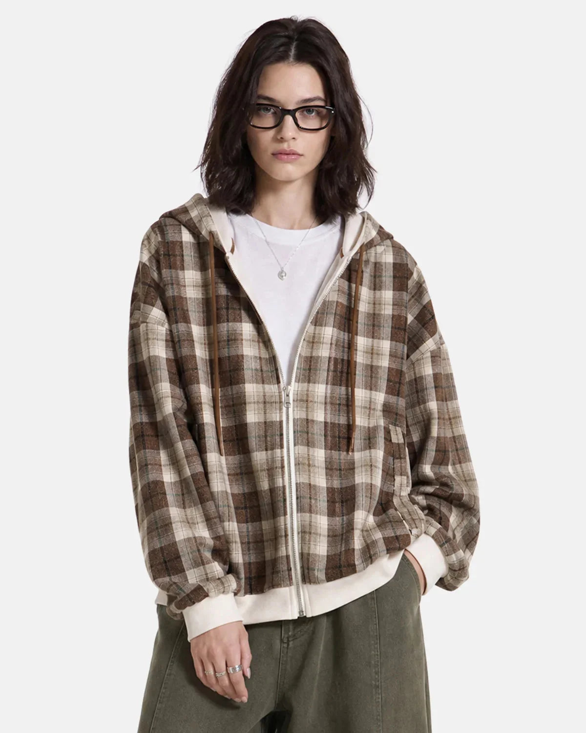 Omygoods Reversible Plaid Boxy Zip Up Hoodie
