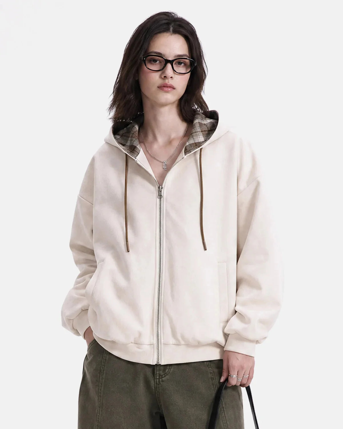 Omygoods Reversible Plaid Boxy Zip Up Hoodie