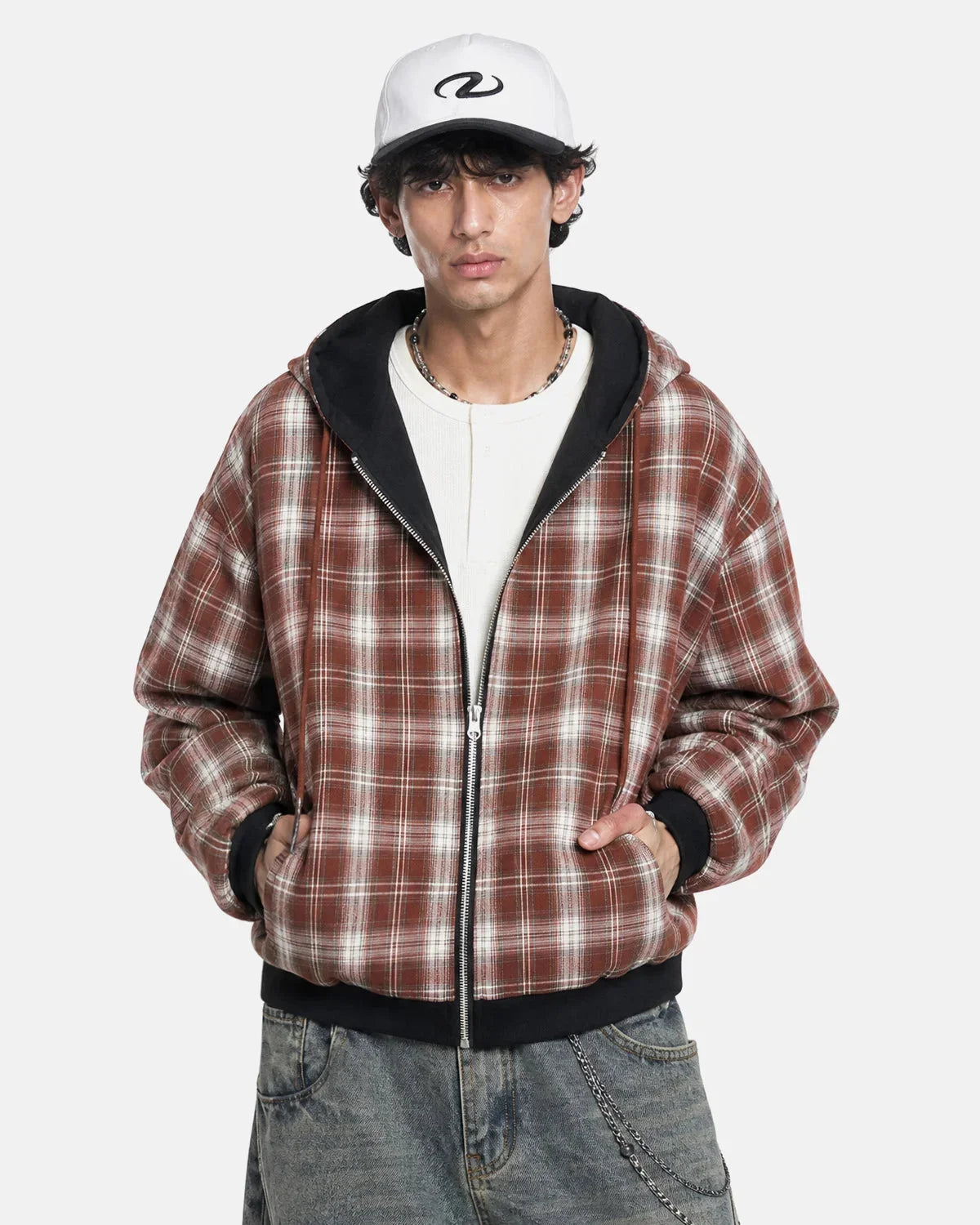 Omygoods Reversible Plaid Boxy Zip Up Hoodie