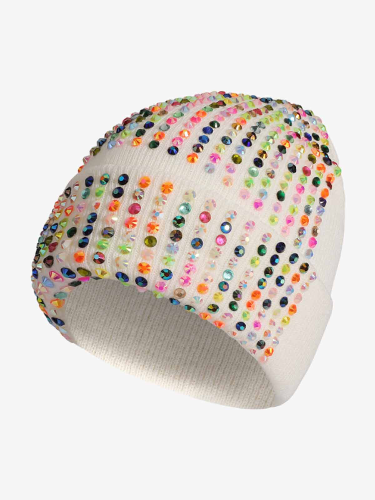 Omygoods Rhinestone Embellished Ribbed Knit Beanie Hat