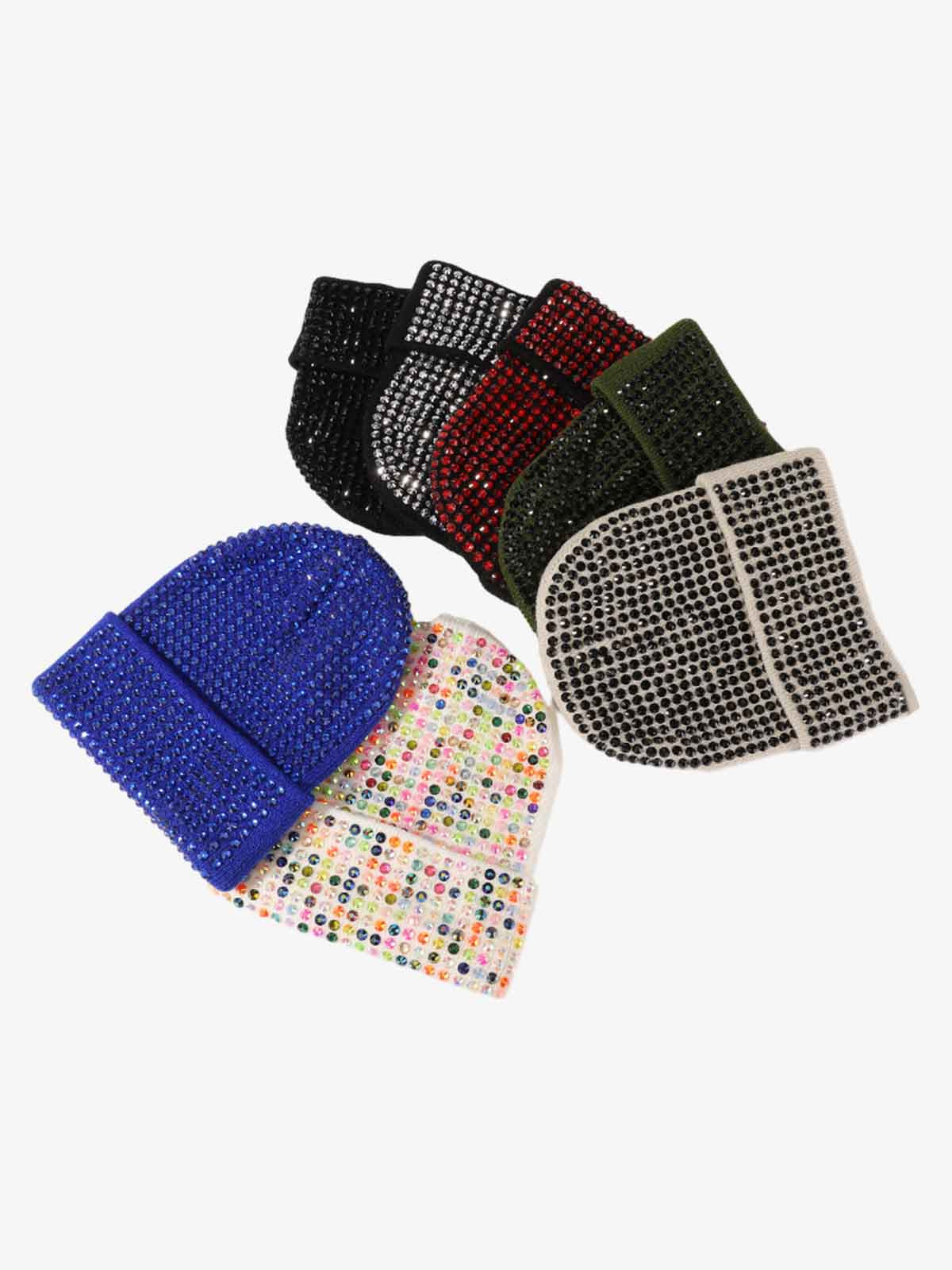 Omygoods Rhinestone Embellished Ribbed Knit Beanie Hat