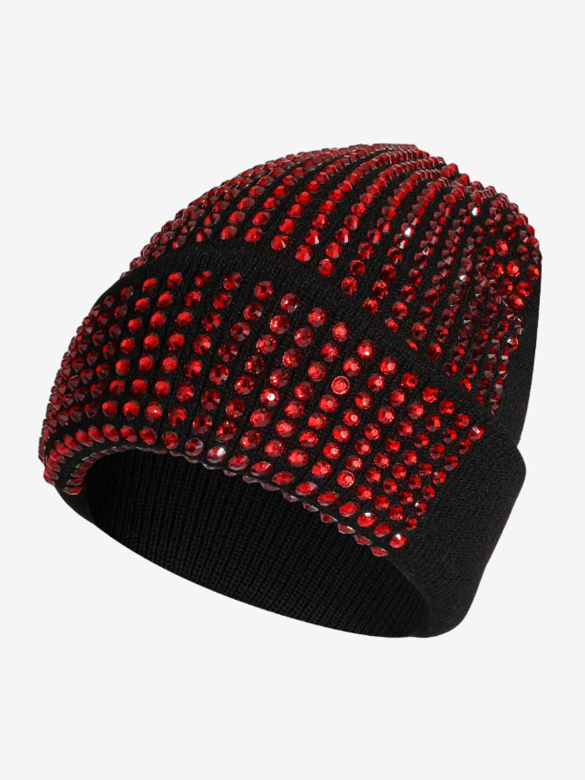 Omygoods Rhinestone Embellished Ribbed Knit Beanie Hat