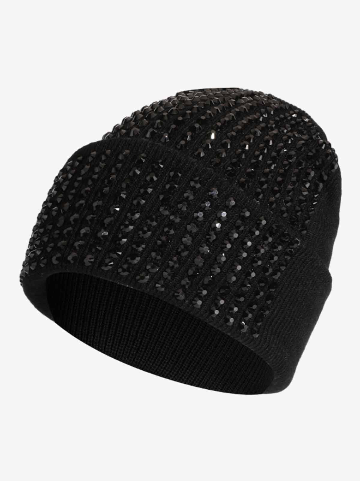 Omygoods Rhinestone Embellished Ribbed Knit Beanie Hat