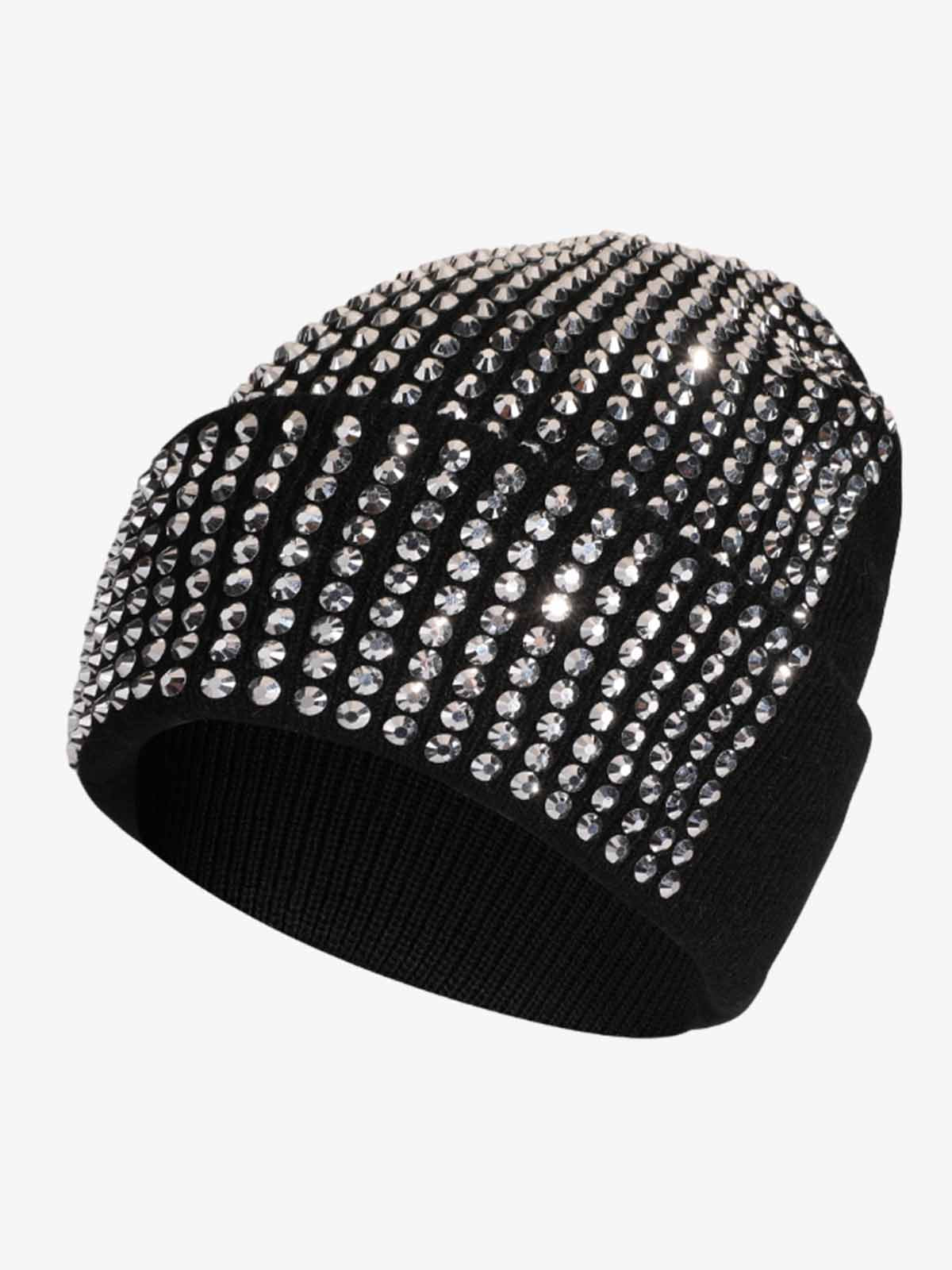 Omygoods Rhinestone Embellished Ribbed Knit Beanie Hat