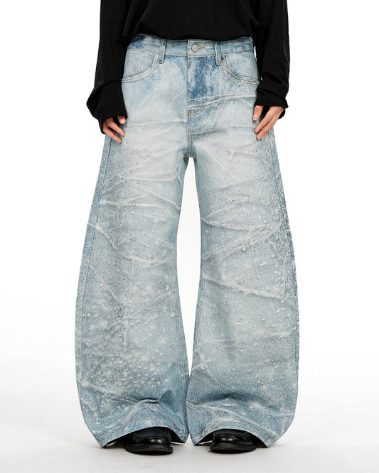 Omygoods Rhinestone Lightning Baggy Barrel Jeans