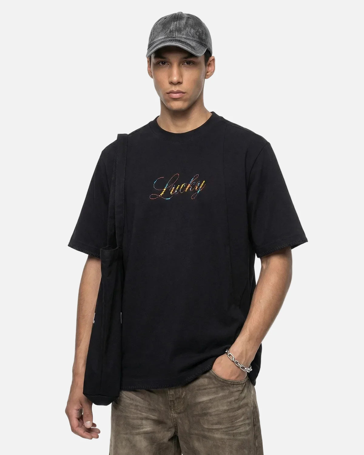Omygoods Rhinestone Lucky Graphic Oversized Tee