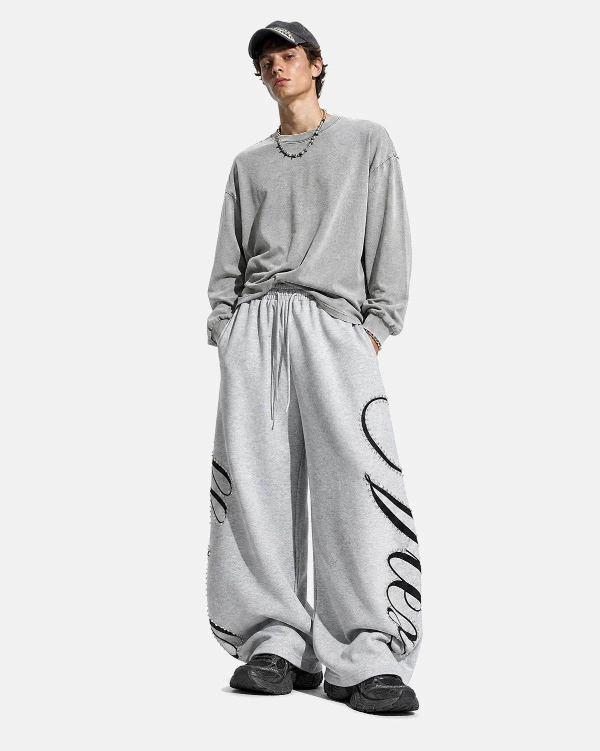 Omygoods Rhinestone Script Baggy Sweatpants