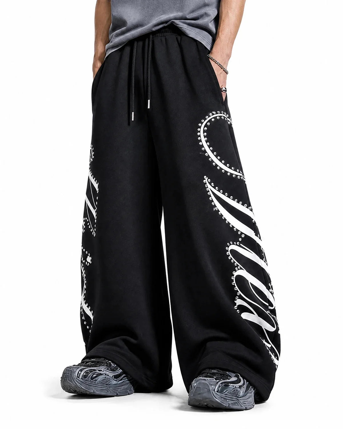 Omygoods Rhinestone Script Baggy Sweatpants