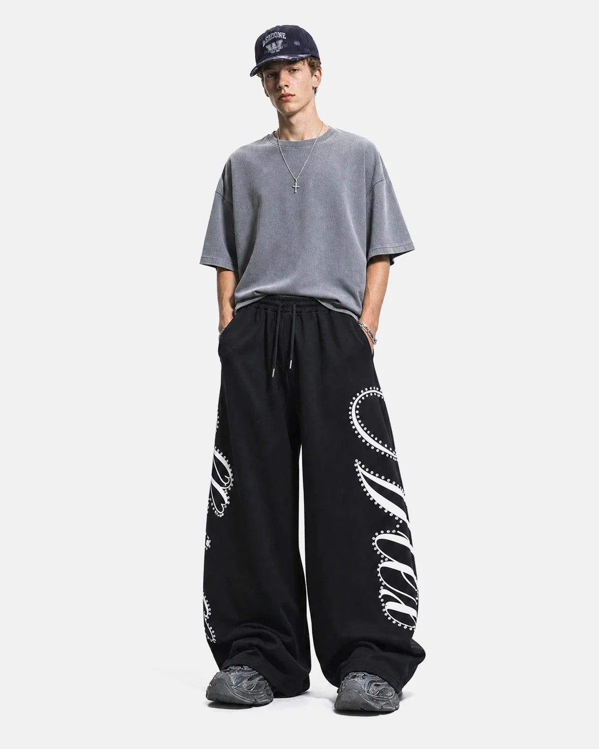 Omygoods Rhinestone Script Baggy Sweatpants