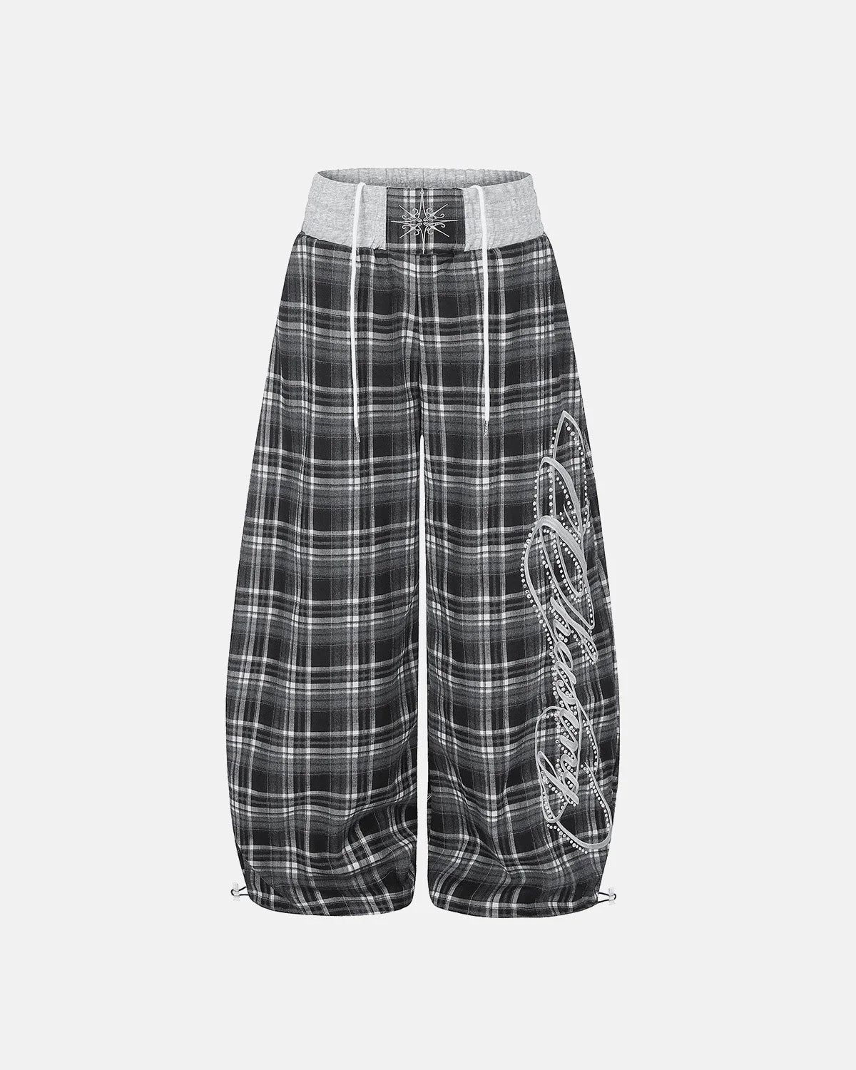 Omygoods Rhinestone Script Plaid Barrel Pants