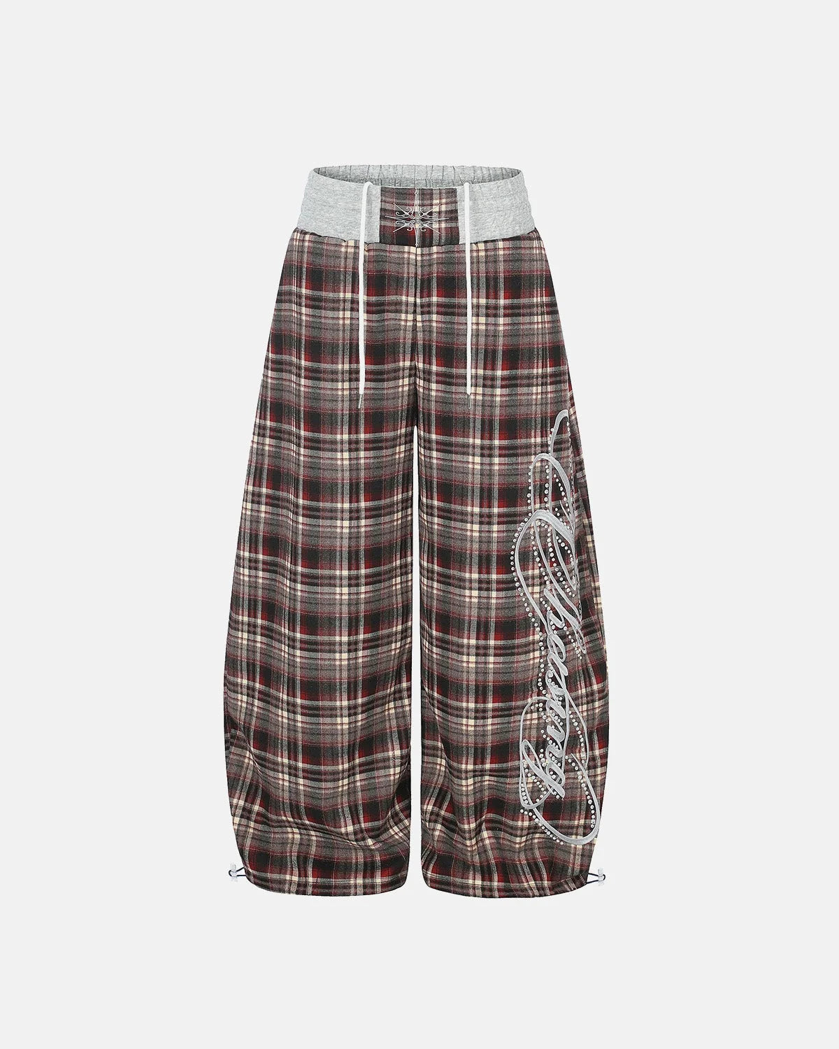Omygoods Rhinestone Script Plaid Barrel Pants