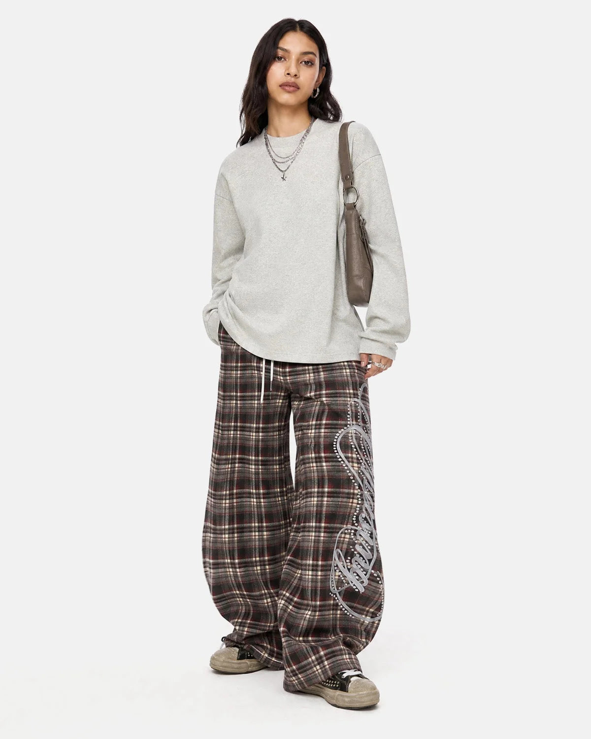 Omygoods Rhinestone Script Plaid Barrel Pants