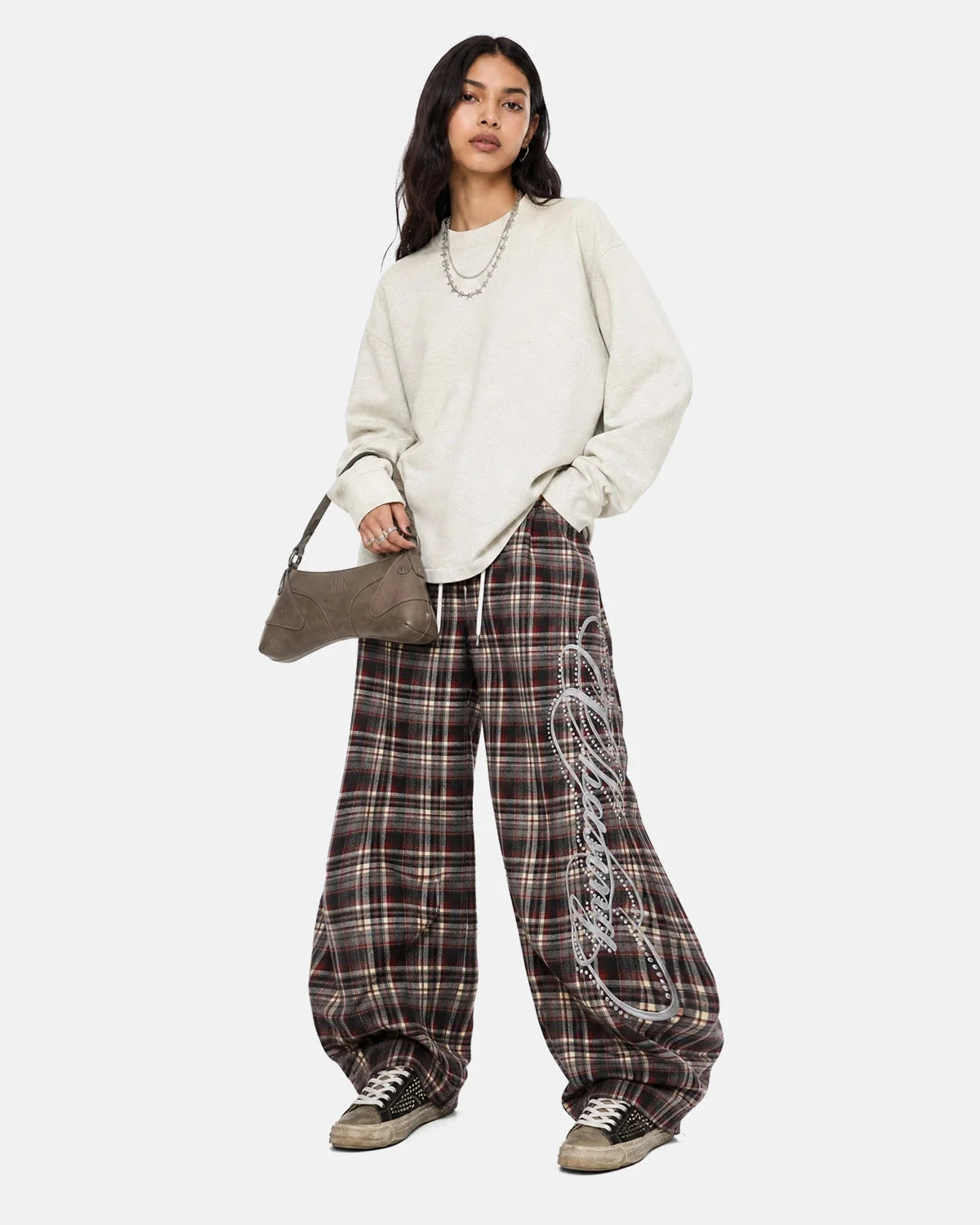 Omygoods Rhinestone Script Plaid Barrel Pants