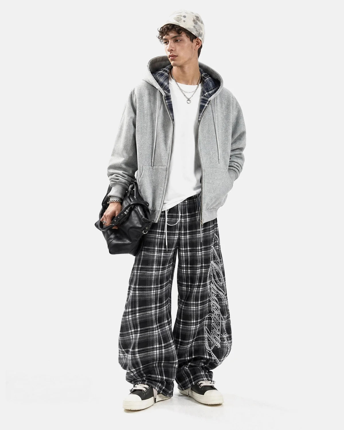 Omygoods Rhinestone Script Plaid Barrel Pants