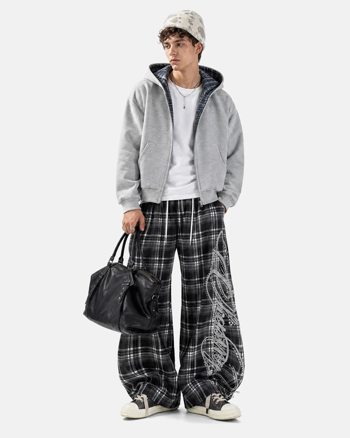 Omygoods Rhinestone Script Plaid Barrel Pants