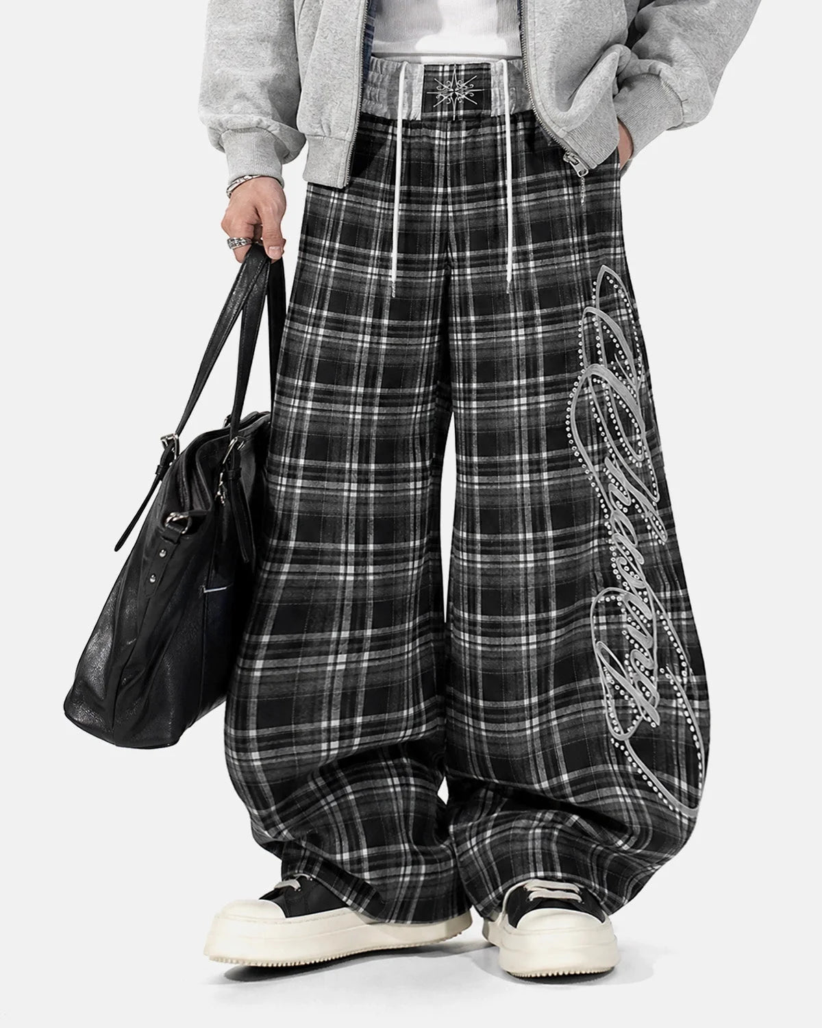Omygoods Rhinestone Script Plaid Barrel Pants