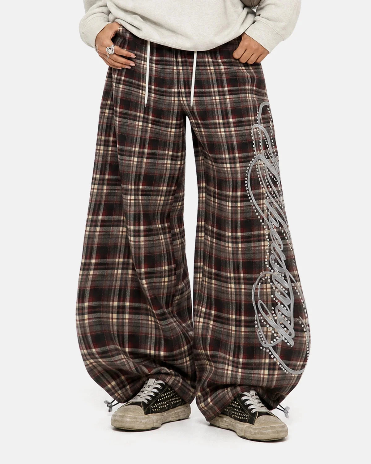Omygoods Rhinestone Script Plaid Barrel Pants