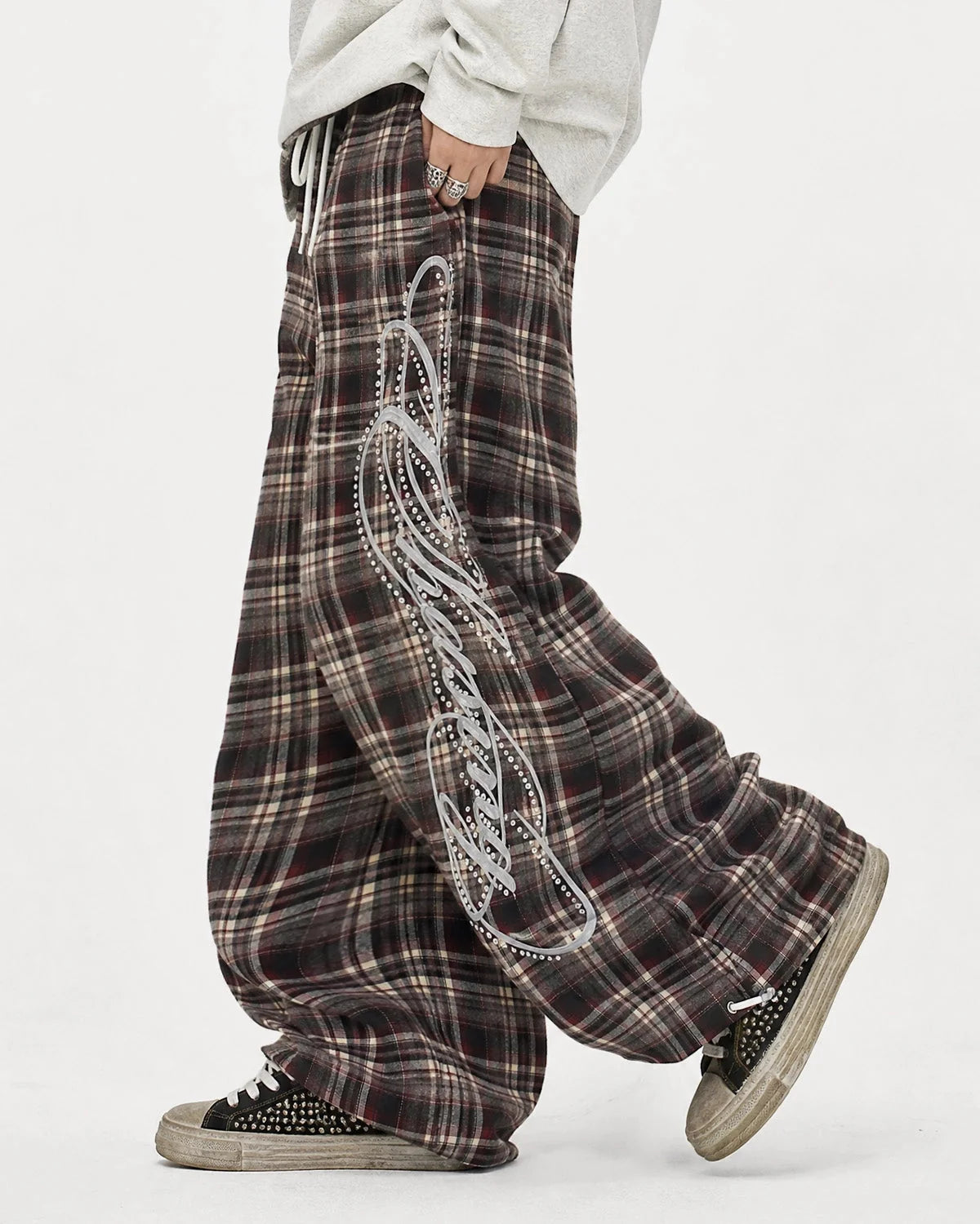 Omygoods Rhinestone Script Plaid Barrel Pants