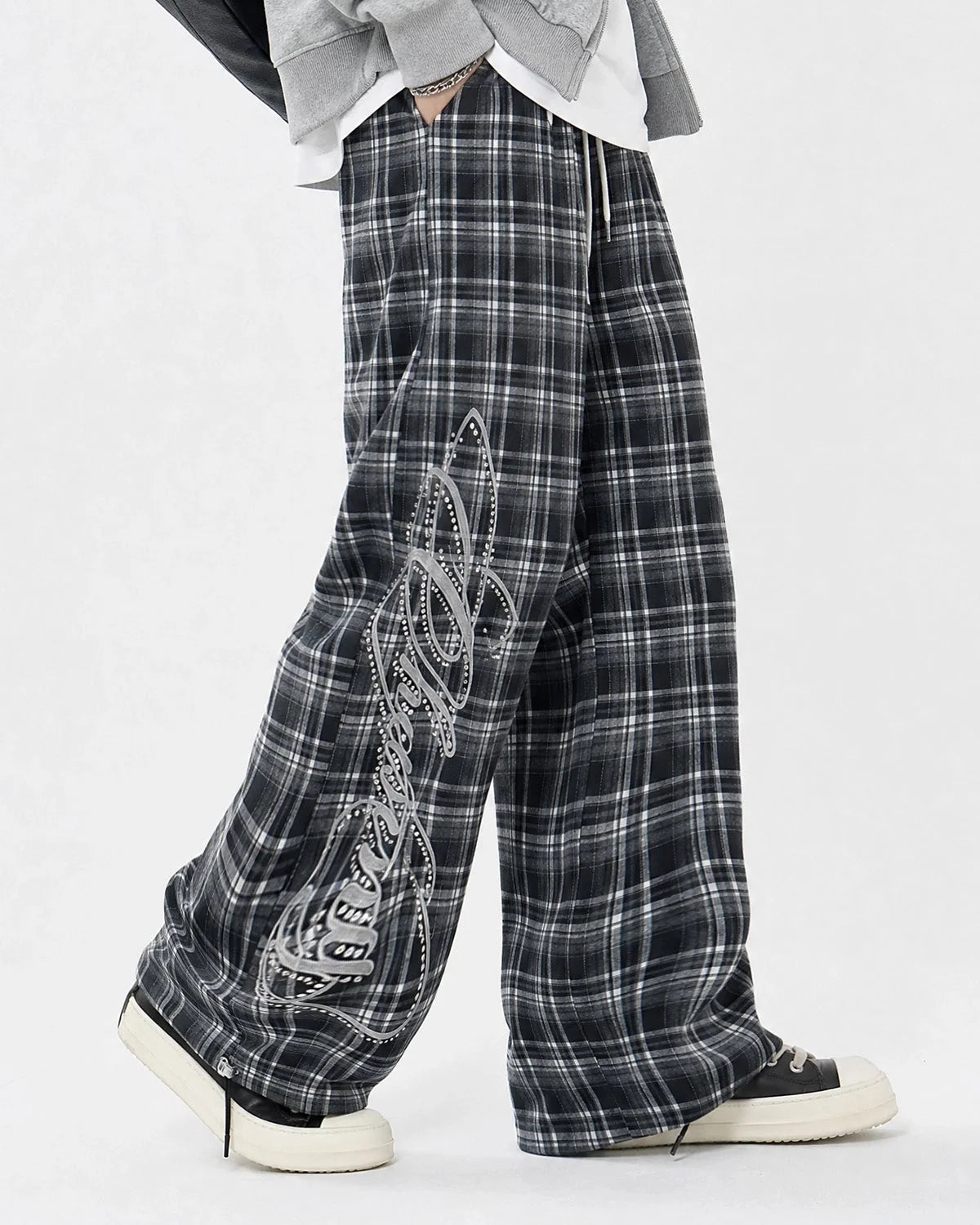 Omygoods Rhinestone Script Plaid Barrel Pants