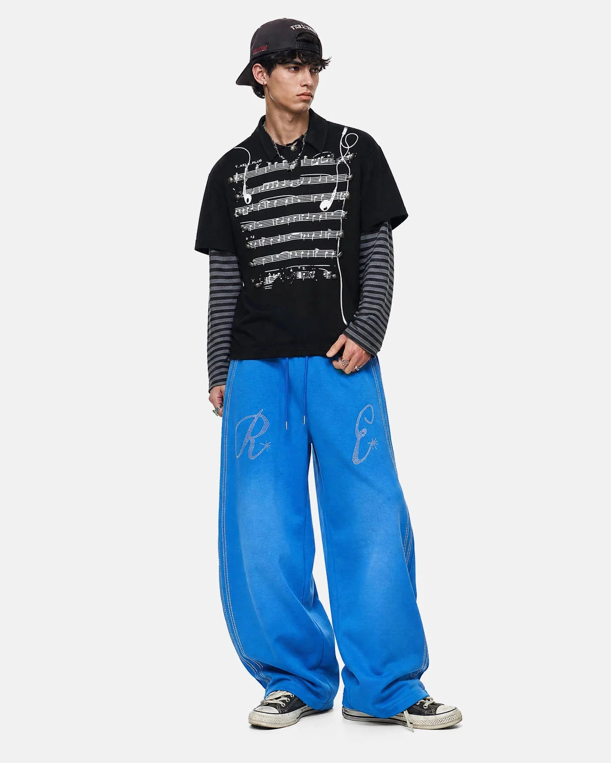 Omygoods Rhinestone Stripe Barrel Sweatpants