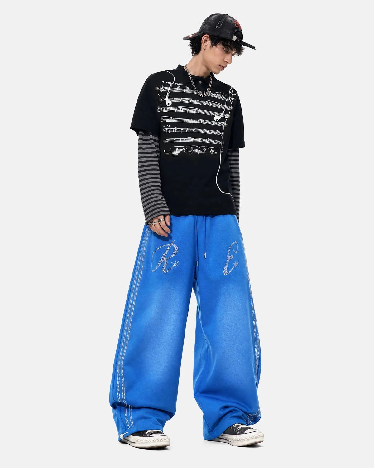Omygoods Rhinestone Stripe Barrel Sweatpants