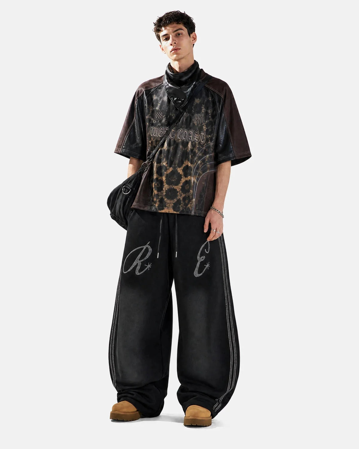 Omygoods Rhinestone Stripe Barrel Sweatpants