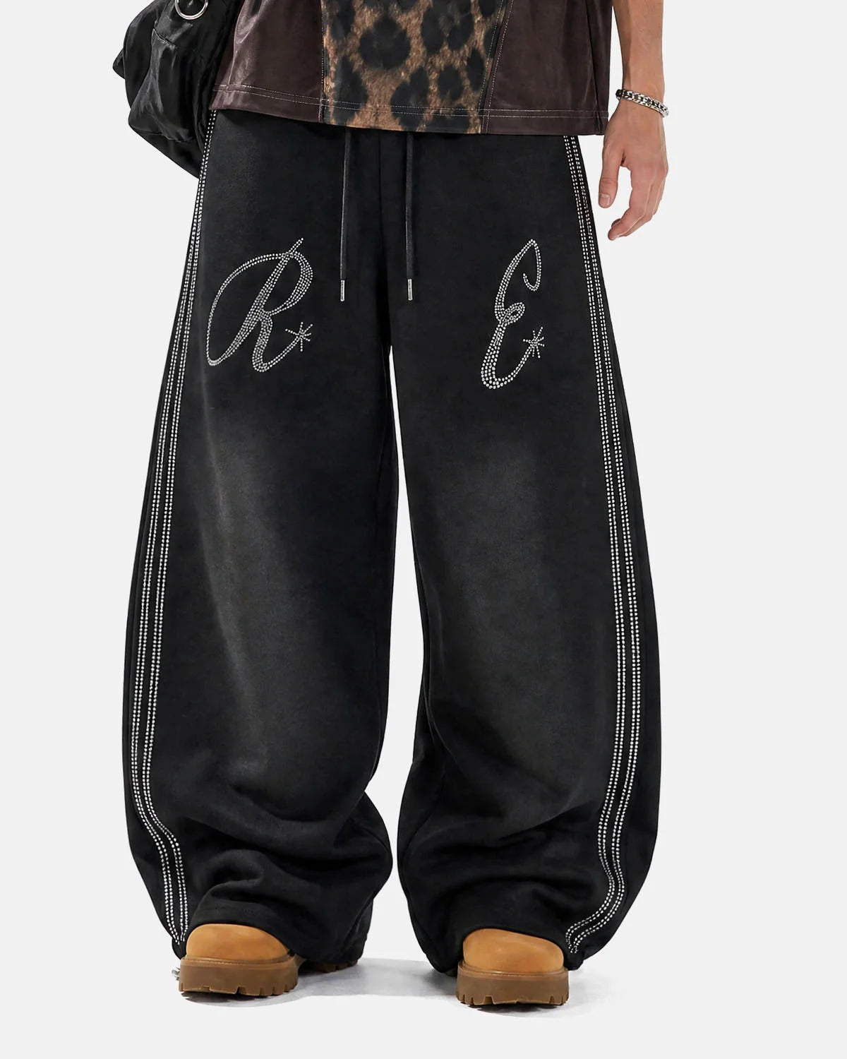 Omygoods Rhinestone Stripe Barrel Sweatpants