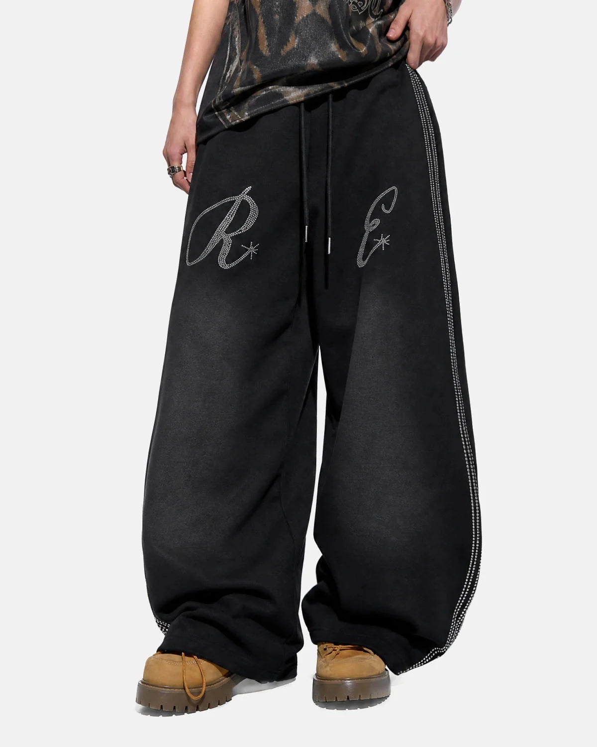 Omygoods Rhinestone Stripe Barrel Sweatpants