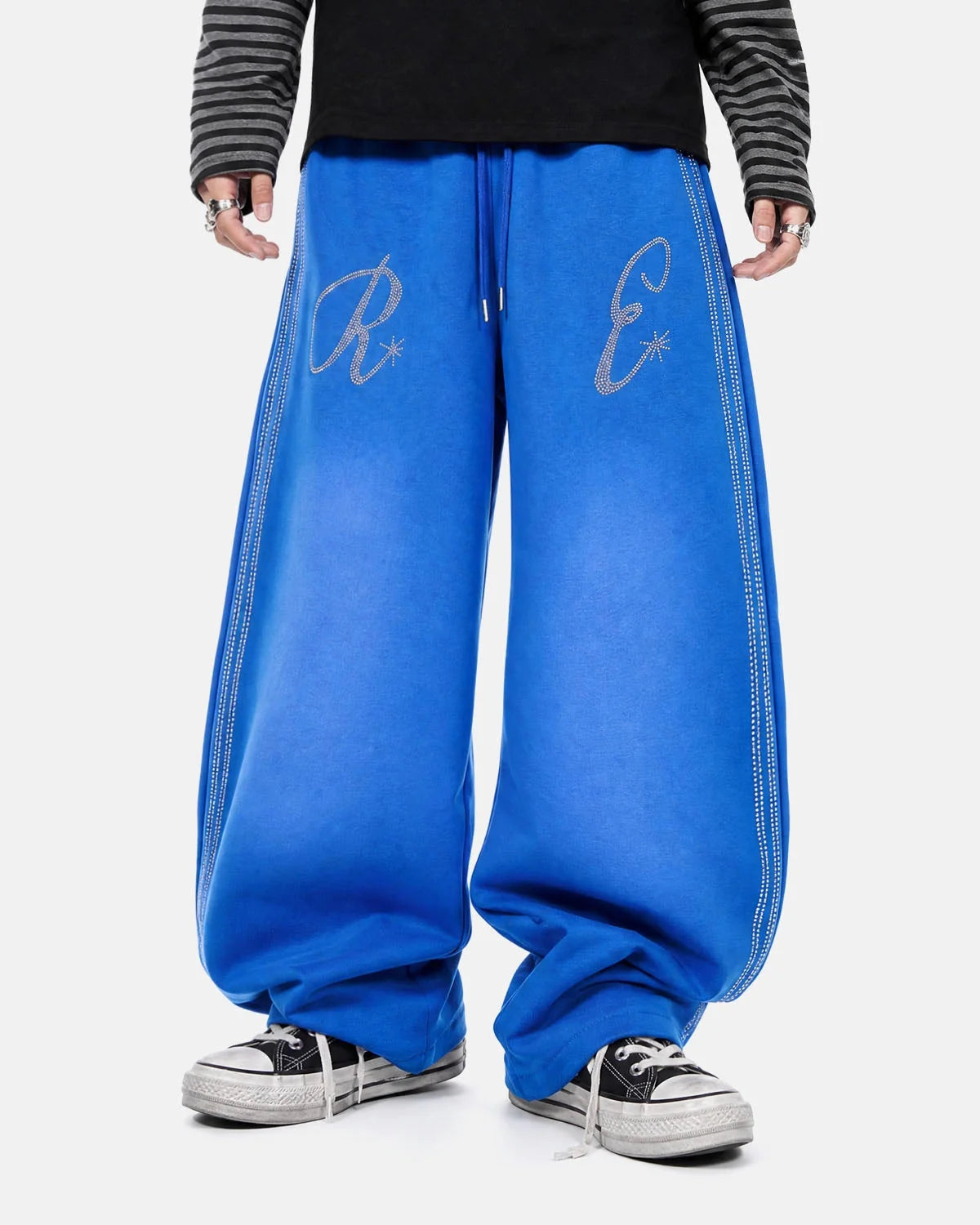 Omygoods Rhinestone Stripe Barrel Sweatpants