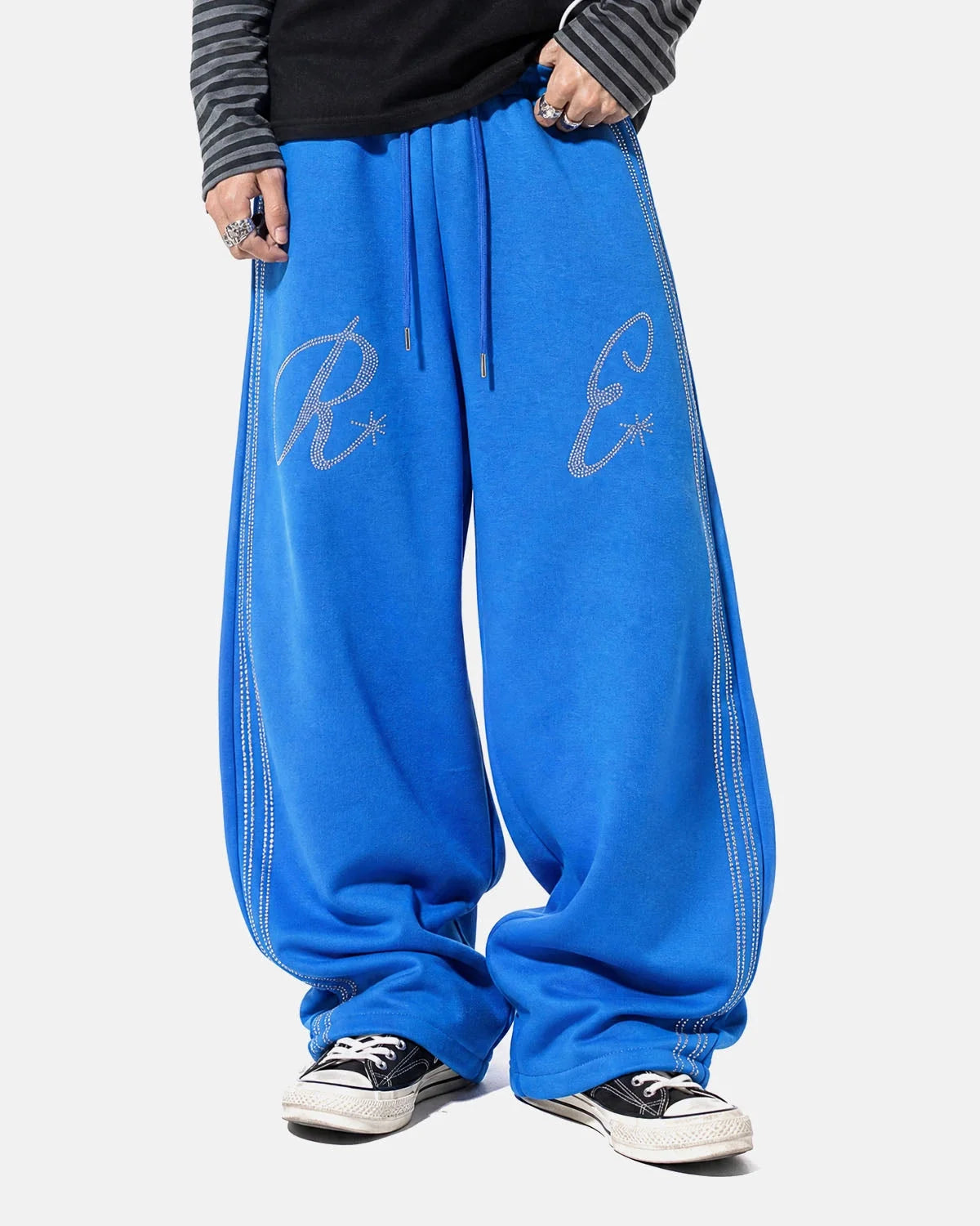 Omygoods Rhinestone Stripe Barrel Sweatpants
