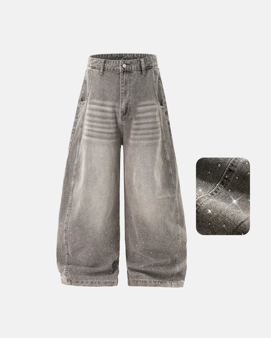 Omygoods Rhinestone Washed Barrel Jeans