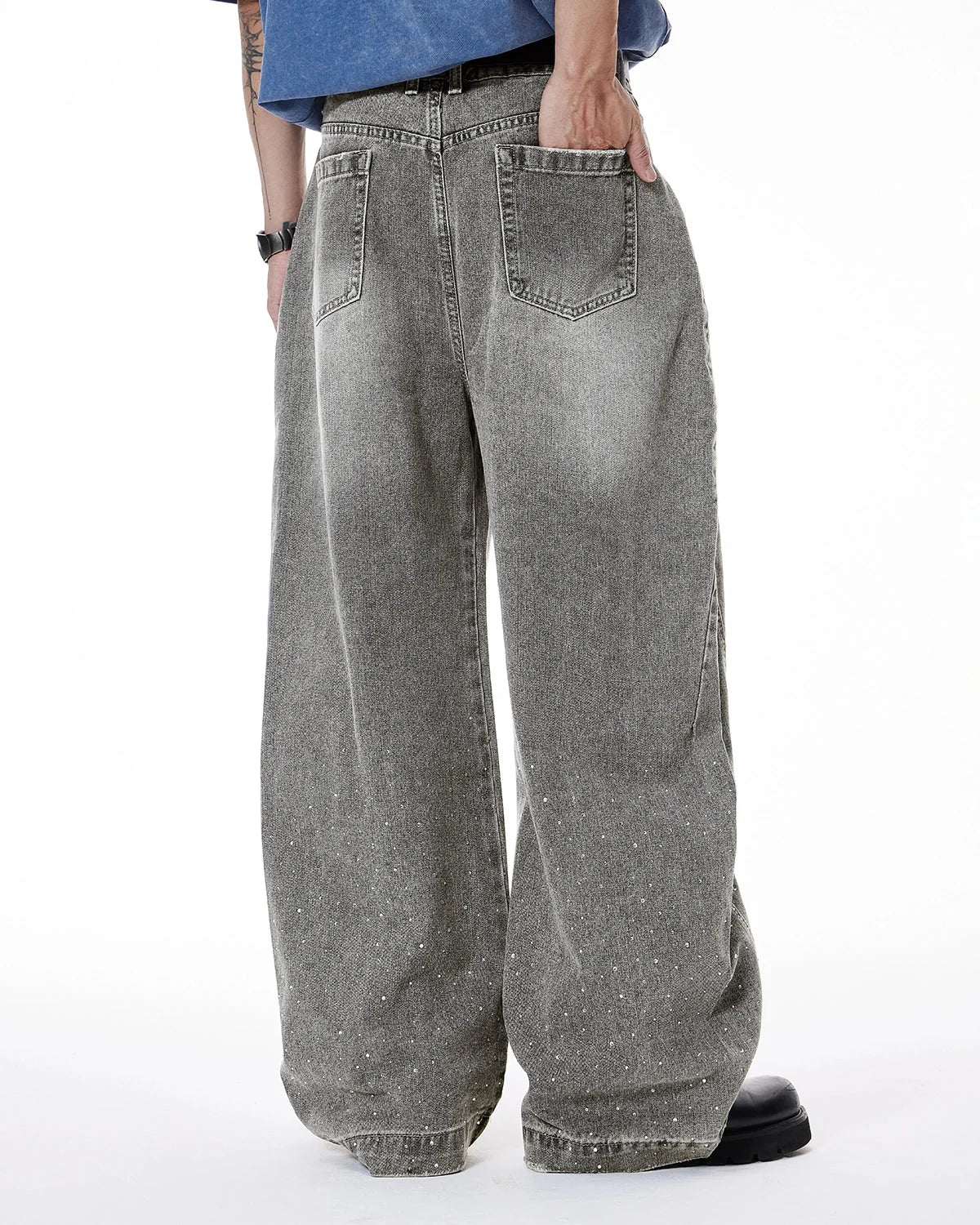 Omygoods Rhinestone Washed Barrel Jeans
