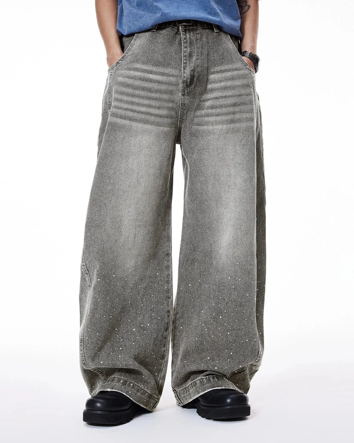 Omygoods Rhinestone Washed Barrel Jeans