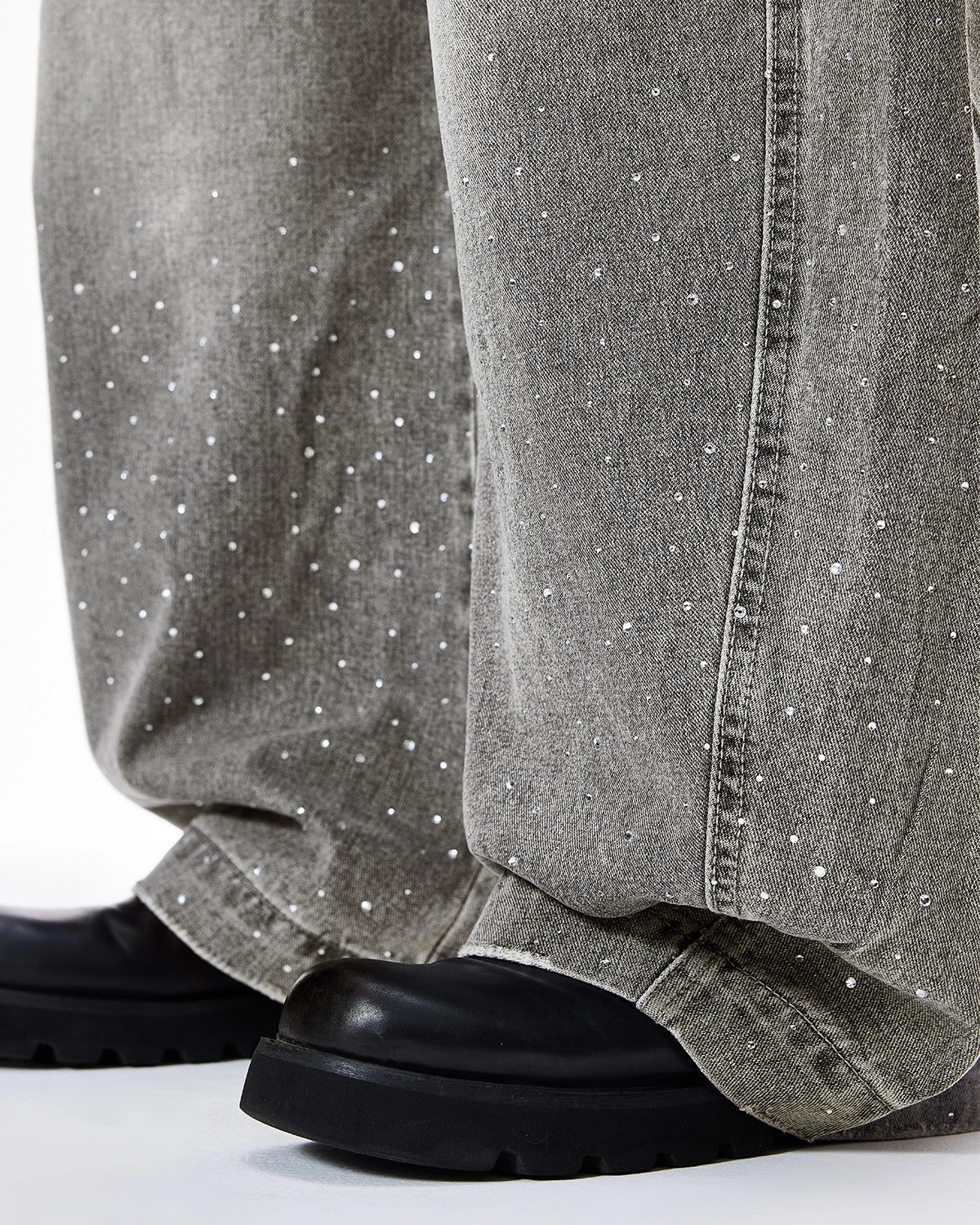 Omygoods Rhinestone Washed Barrel Jeans