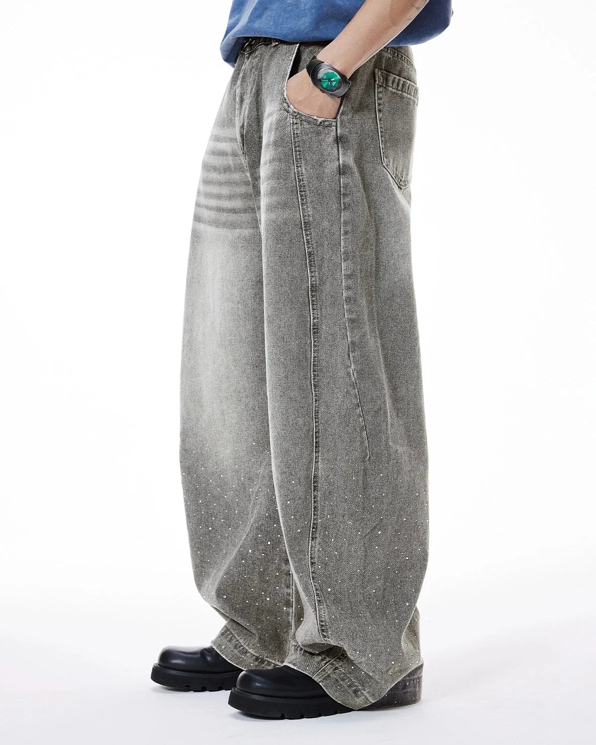 Omygoods Rhinestone Washed Barrel Jeans