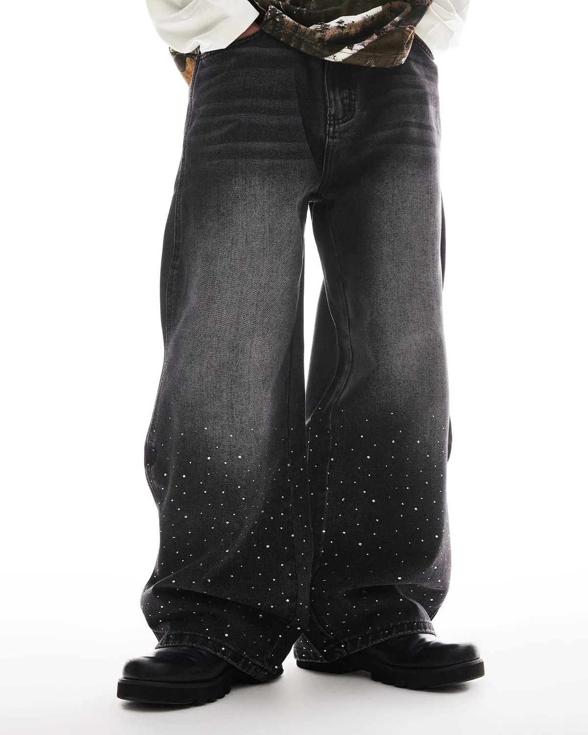 Omygoods Rhinestone Wavy Baggy Jeans