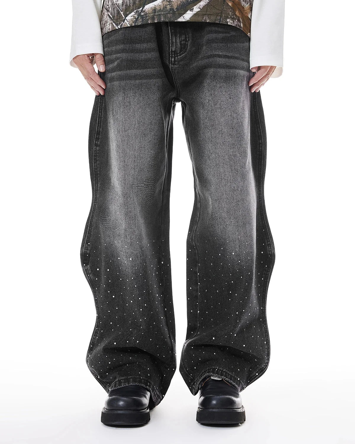 Omygoods Rhinestone Wavy Baggy Jeans