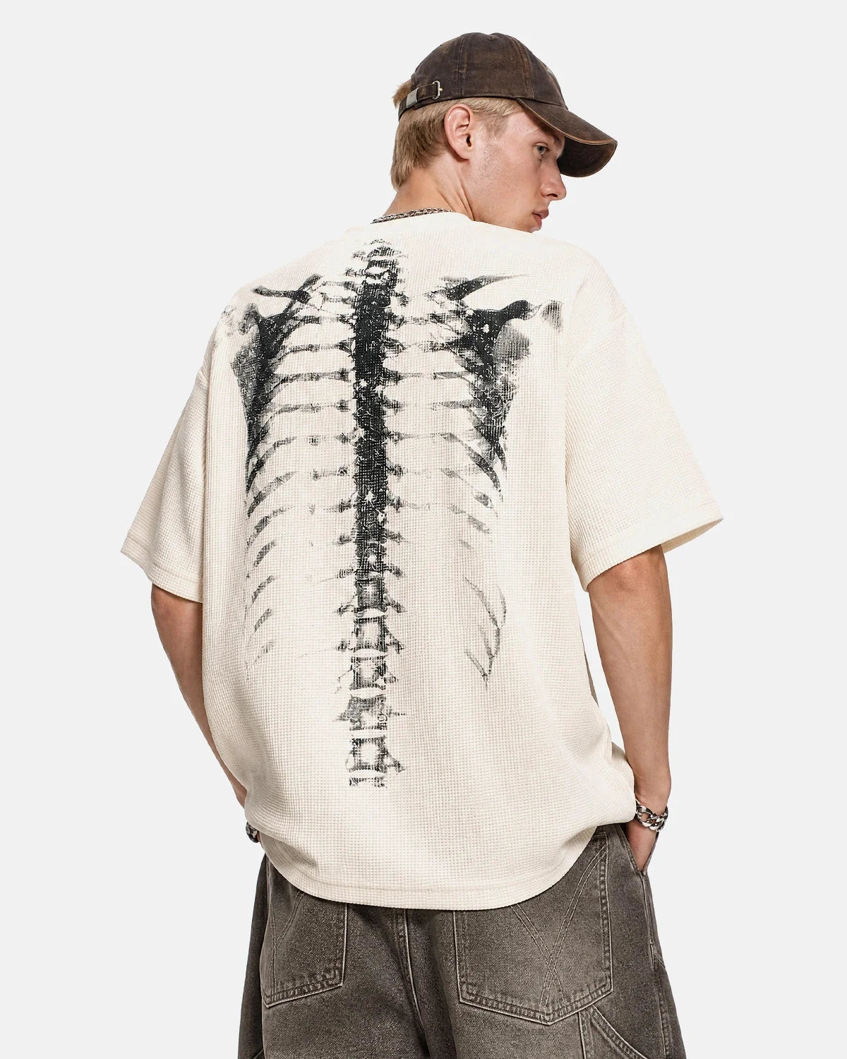 Omygoods Ribcage Graphic Waffle Boxy T-Shirt