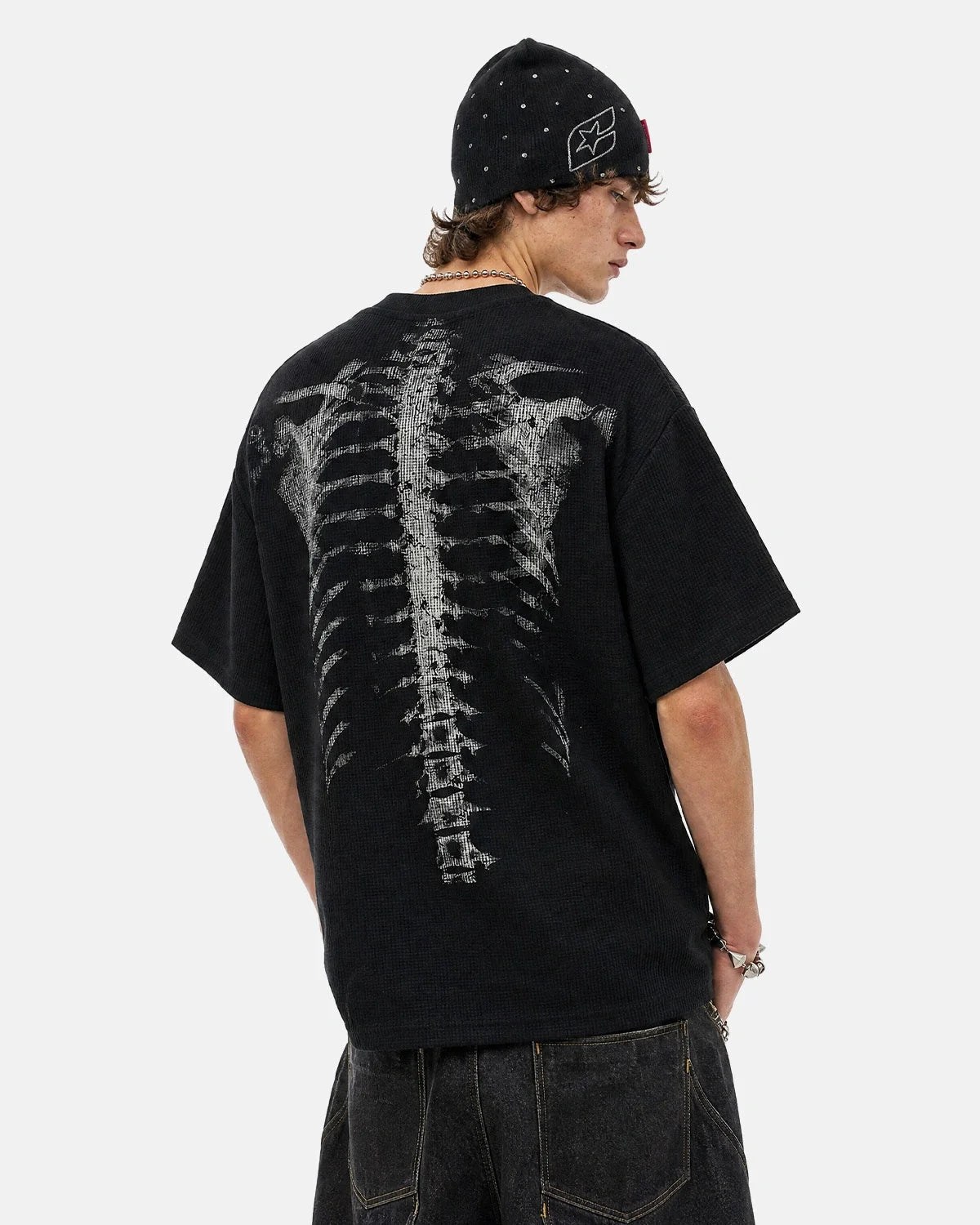 Omygoods Ribcage Graphic Waffle Boxy T-Shirt