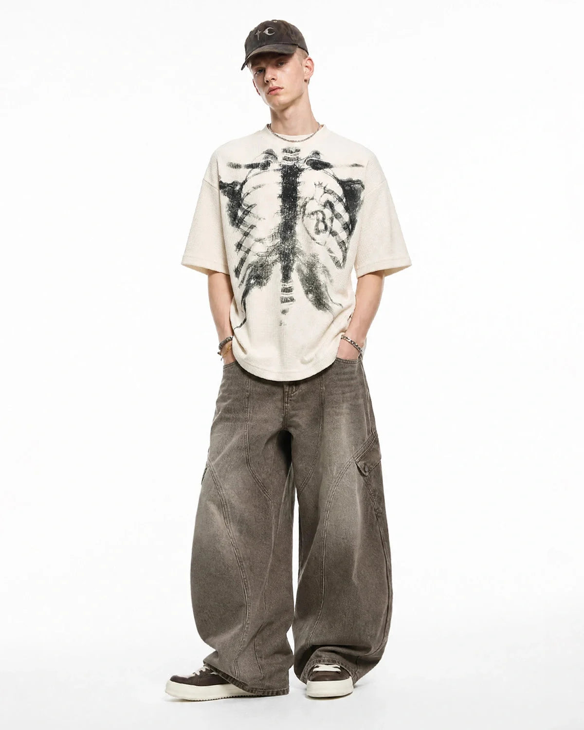 Omygoods Ribcage Graphic Waffle Boxy T-Shirt
