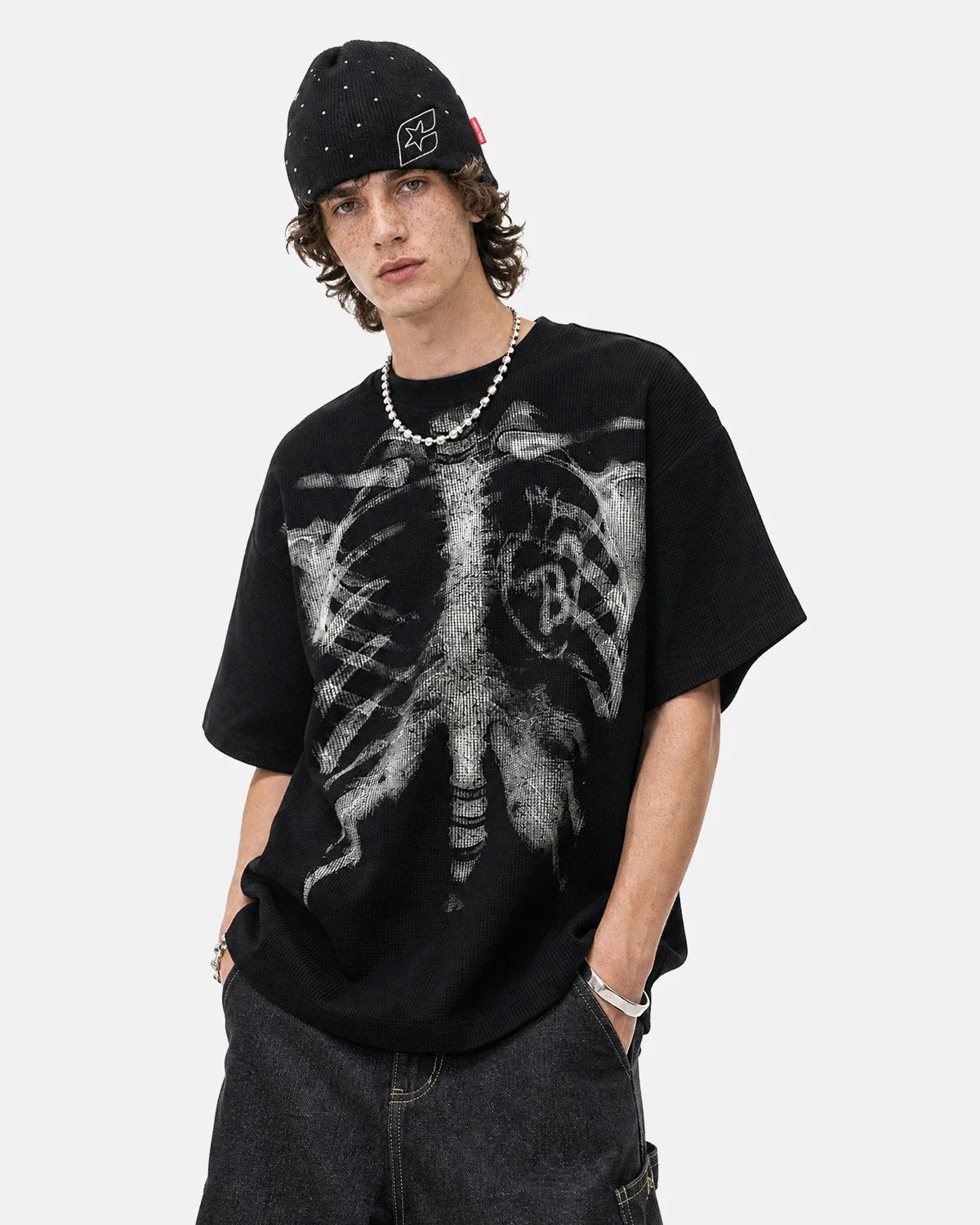 Omygoods Ribcage Graphic Waffle Boxy T-Shirt