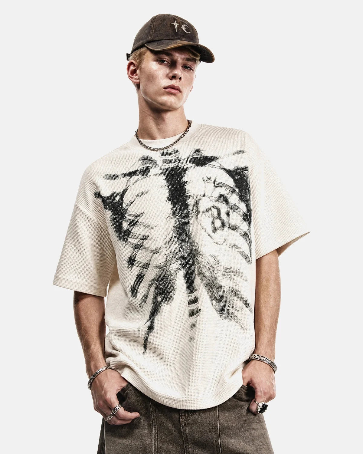 Omygoods Ribcage Graphic Waffle Boxy T-Shirt