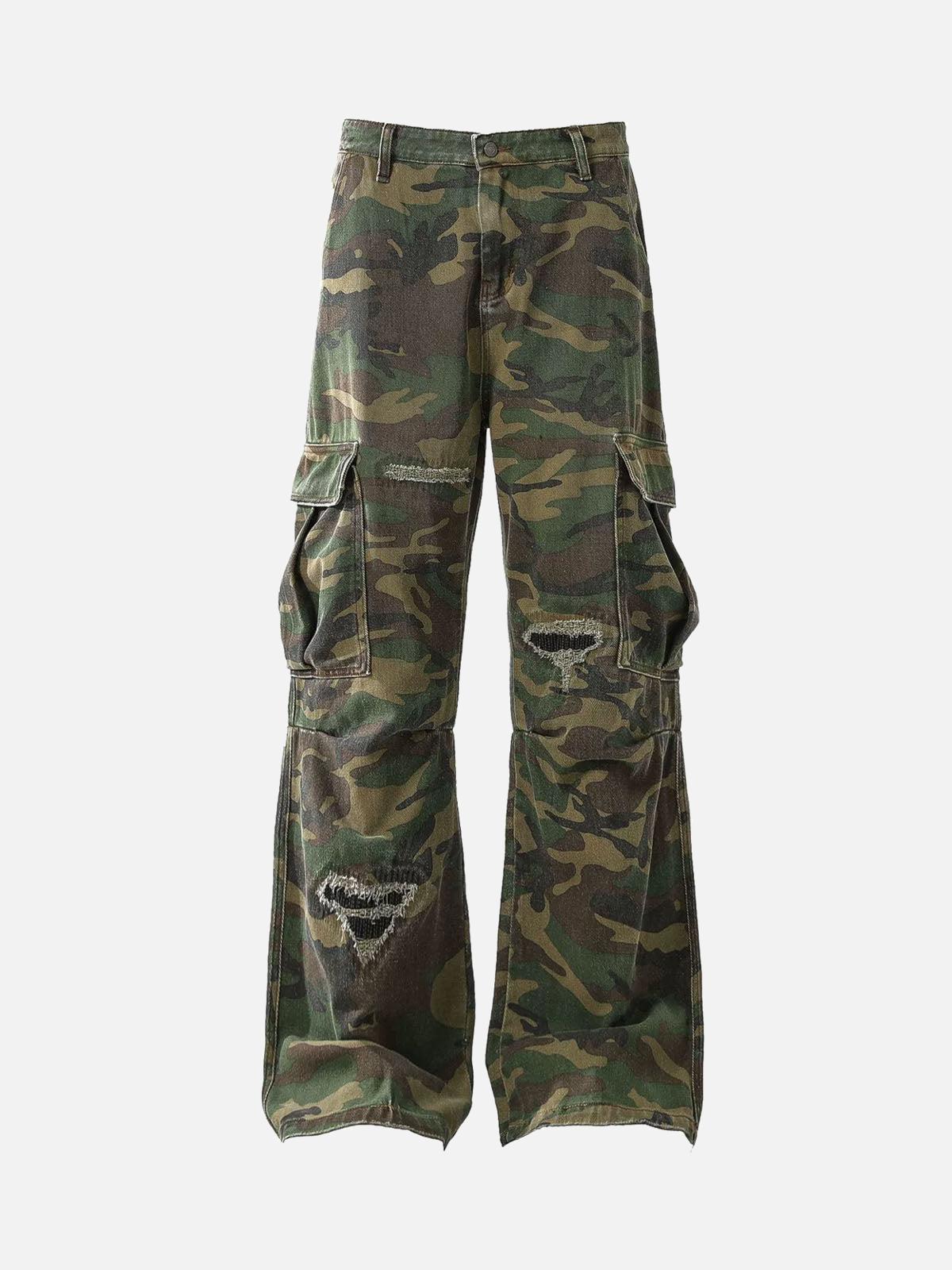 Omygoods Ripped Camouflage Flared Cargo Pants