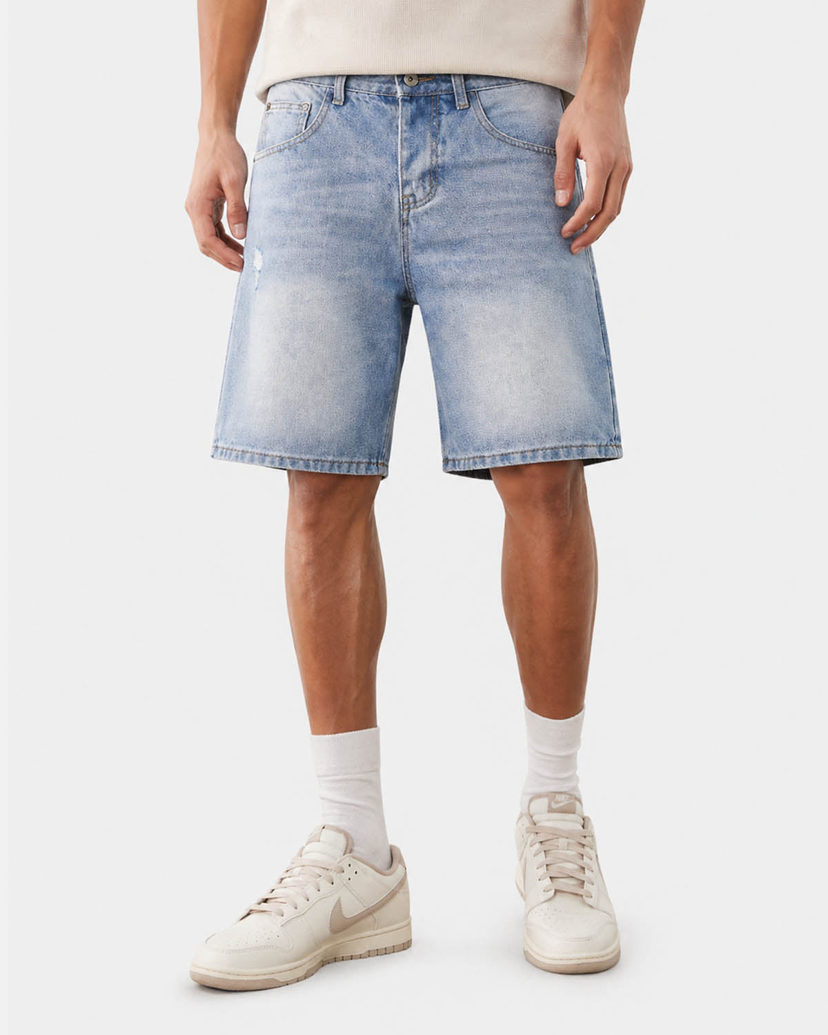 Omygoods Ripped Mid-Length Washed Denim Shorts