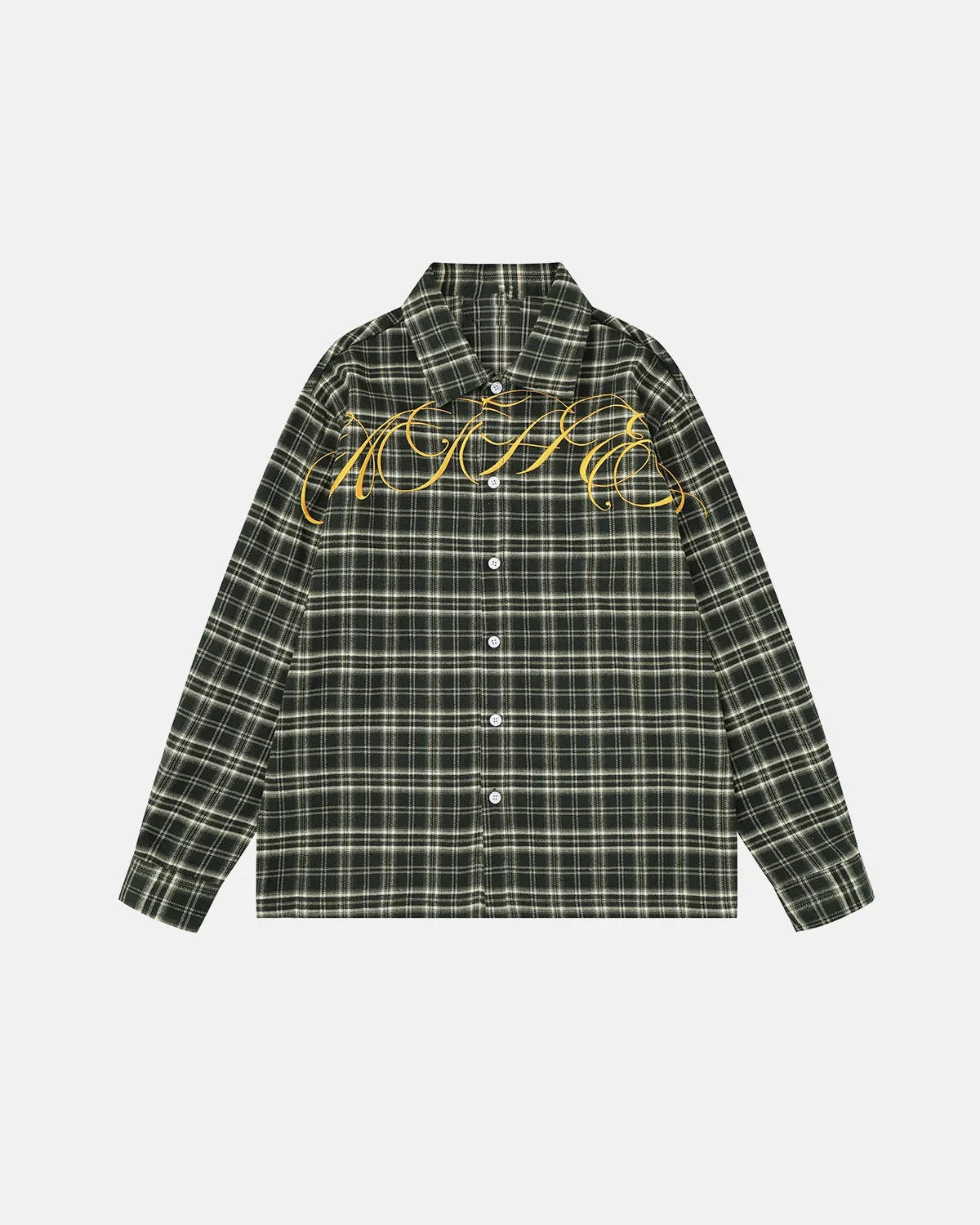 Omygoods Script Embroidered Plaid Long-Sleeve Shirt
