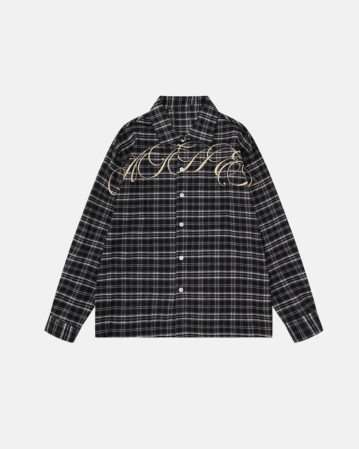 Omygoods Script Embroidered Plaid Long-Sleeve Shirt