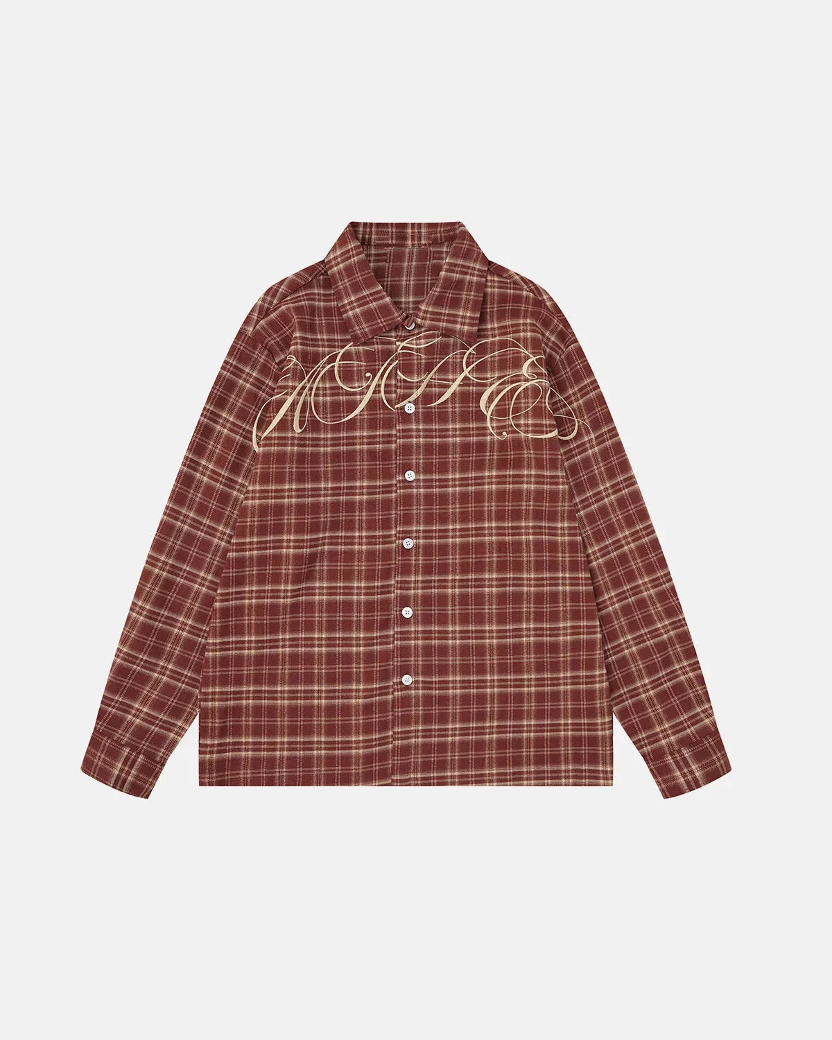 Omygoods Script Embroidered Plaid Long-Sleeve Shirt